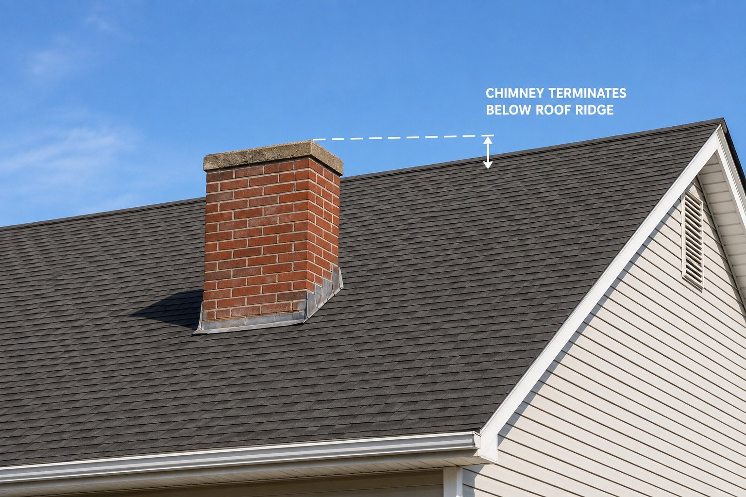 Brick chimney terminating below a nearby roof ridge