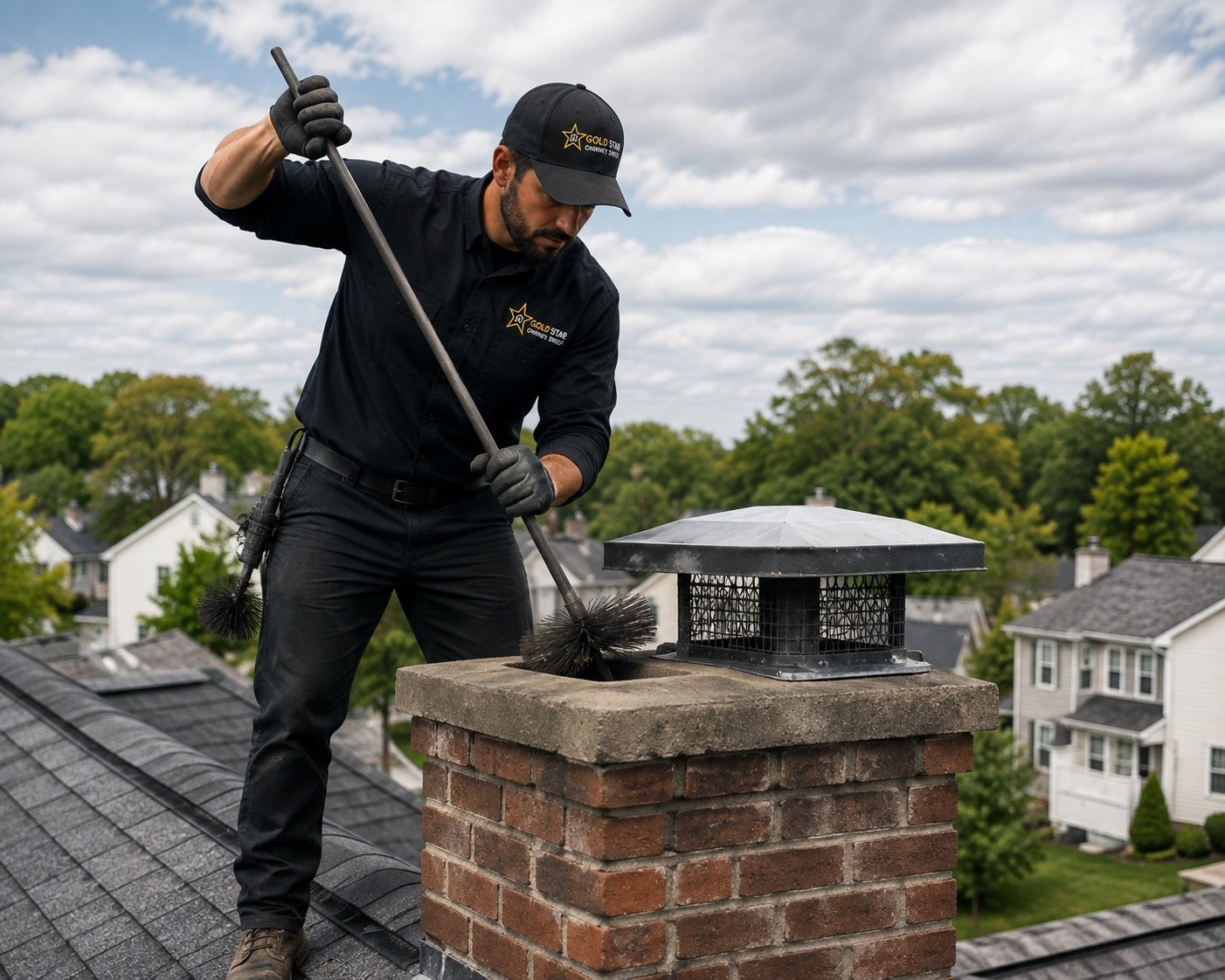 Chimney sweep technician working at a residential chimney sweeping