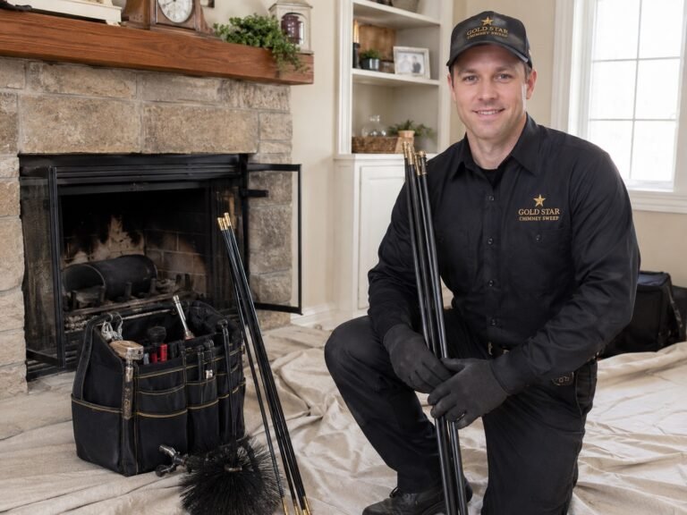 Chimney sweep technician working at a residential fireplace with drop cloths down