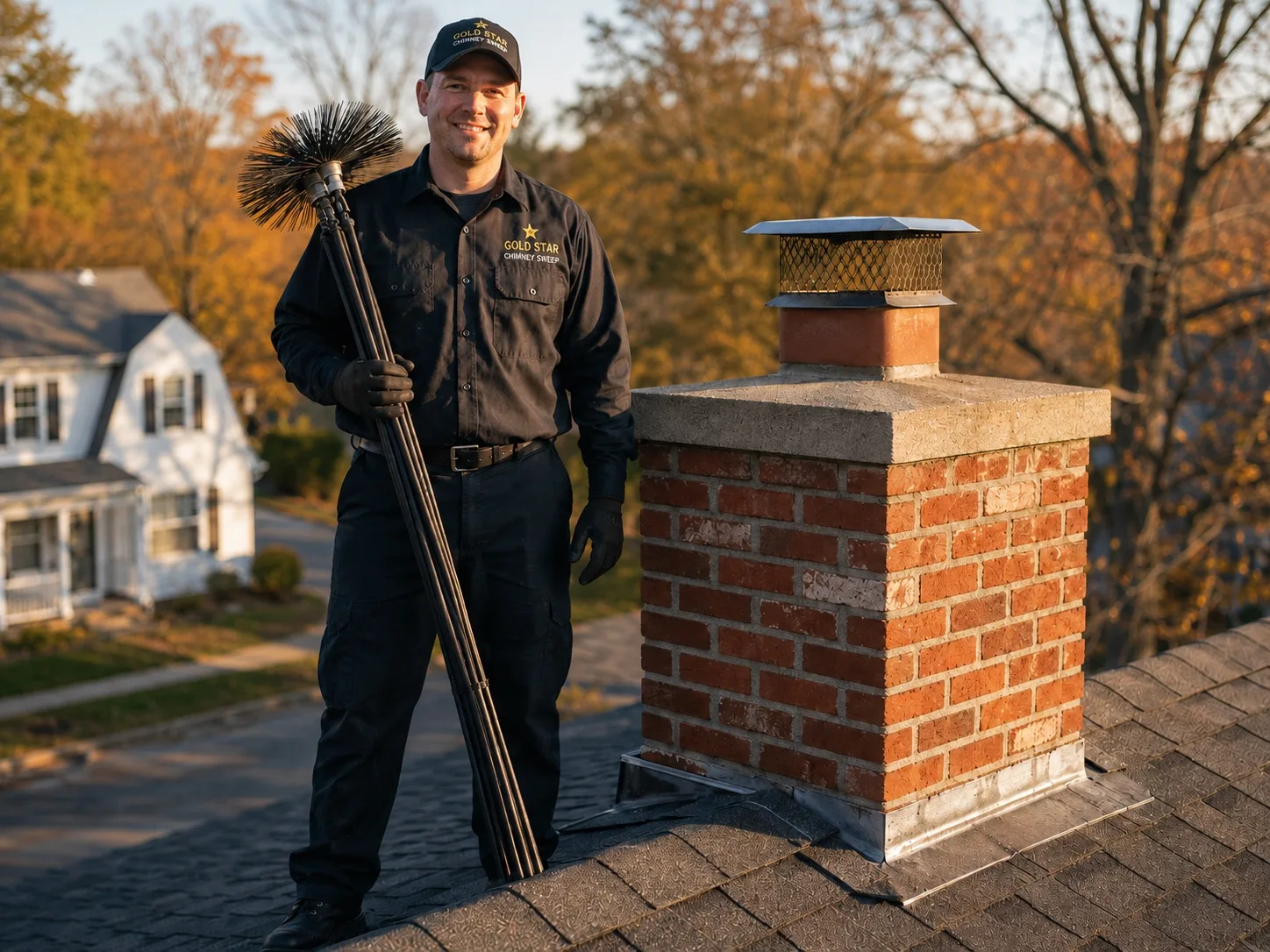 Chimney sweep technician working beside a brick chimney on a residential roof