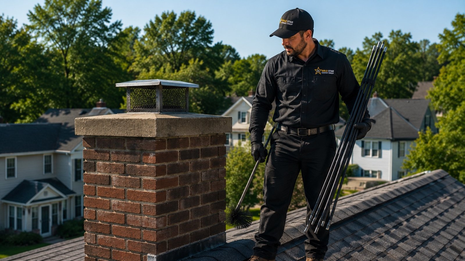 Chimney sweep technician working from the rooftop beside a brick chimney