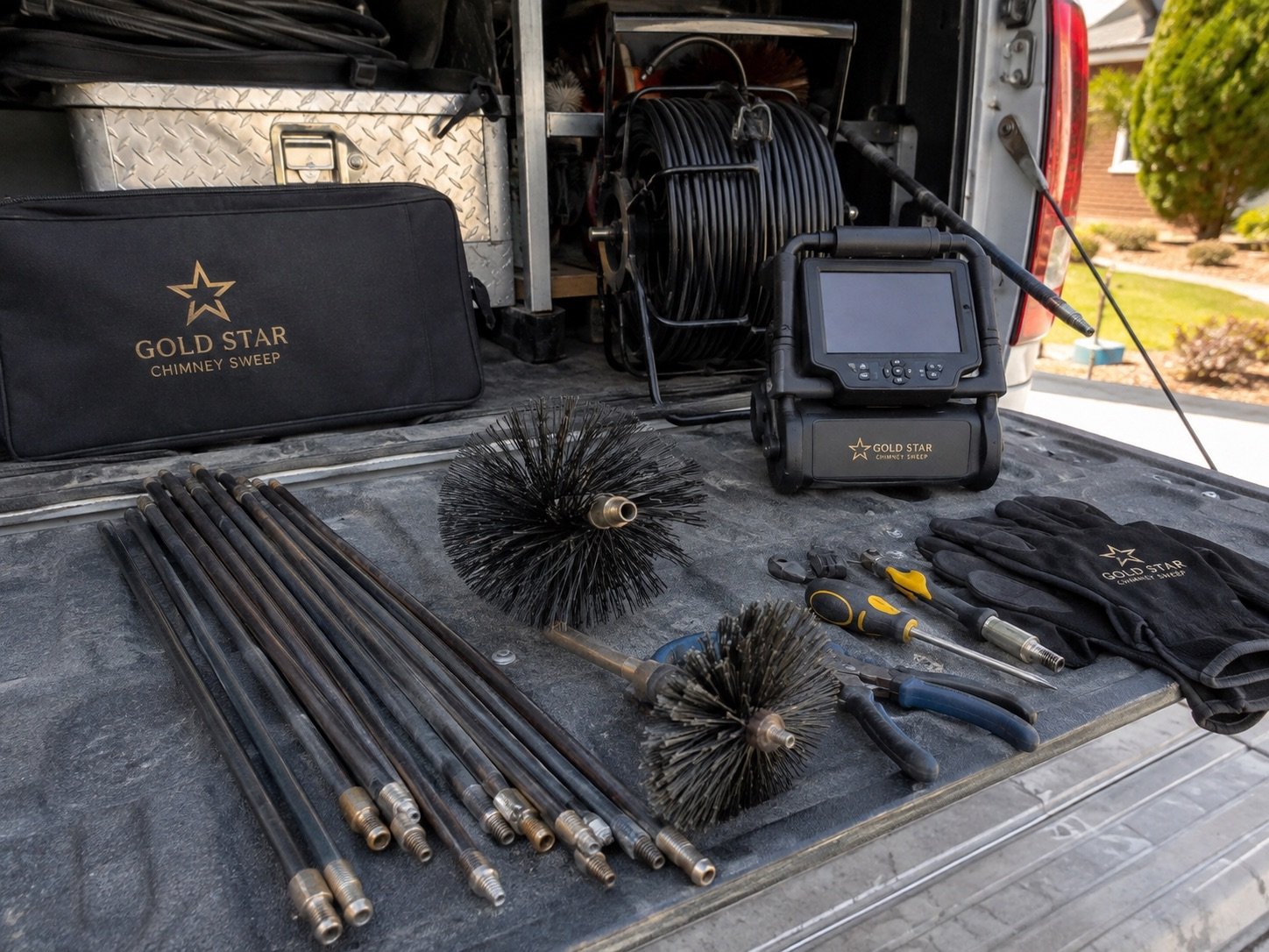 Chimney sweeping rods brushes and inspection camera equipment