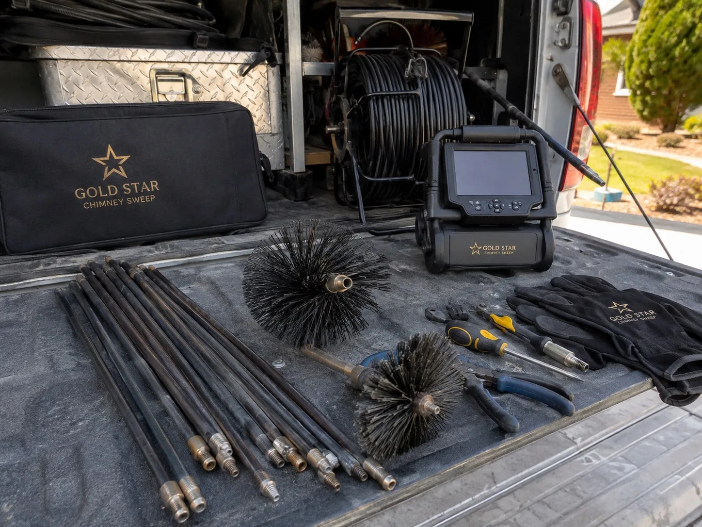 Chimney sweeping rods brushes and inspection camera equipment