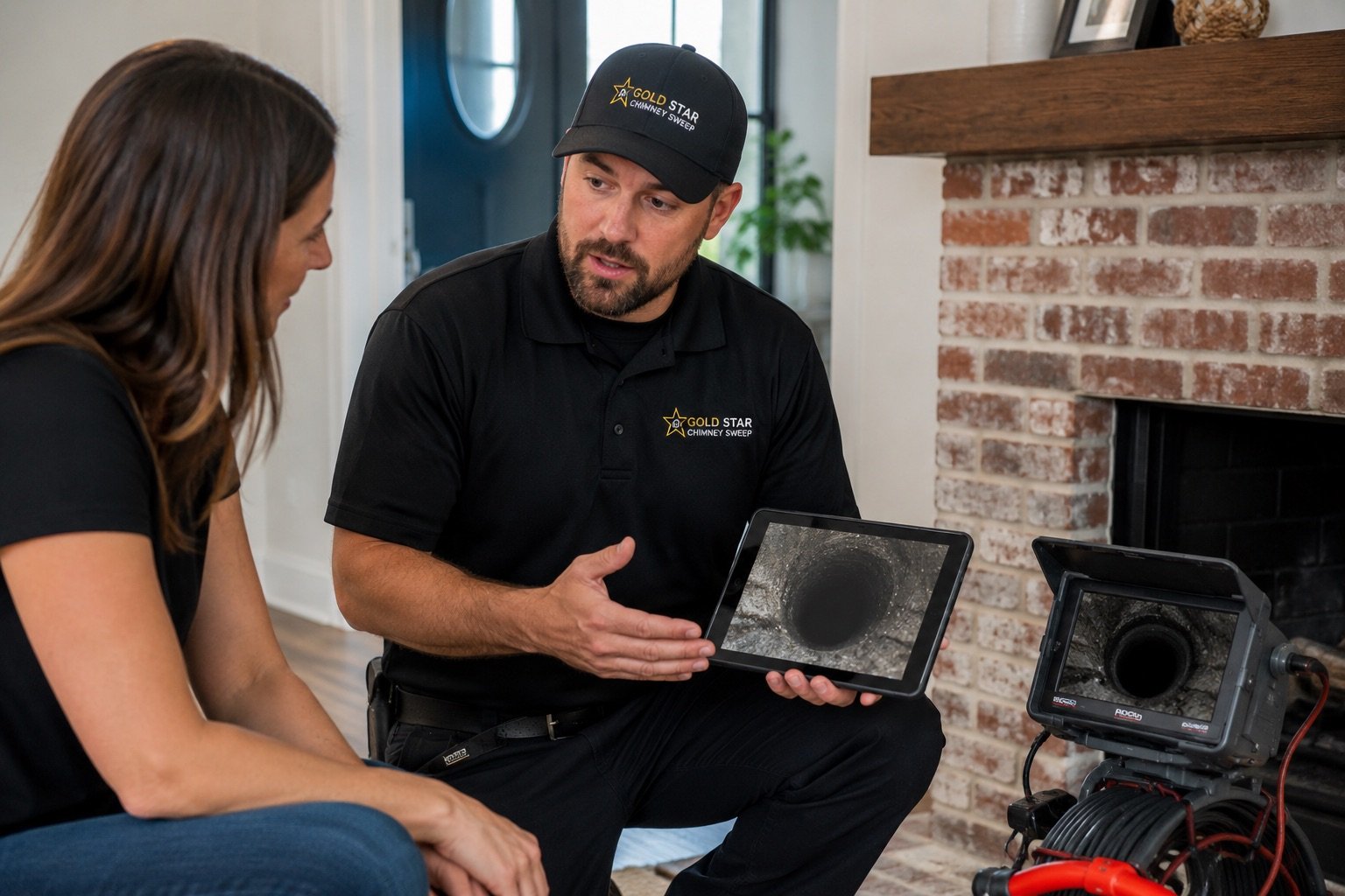 Chimney technician explaining service findings to a homeowner