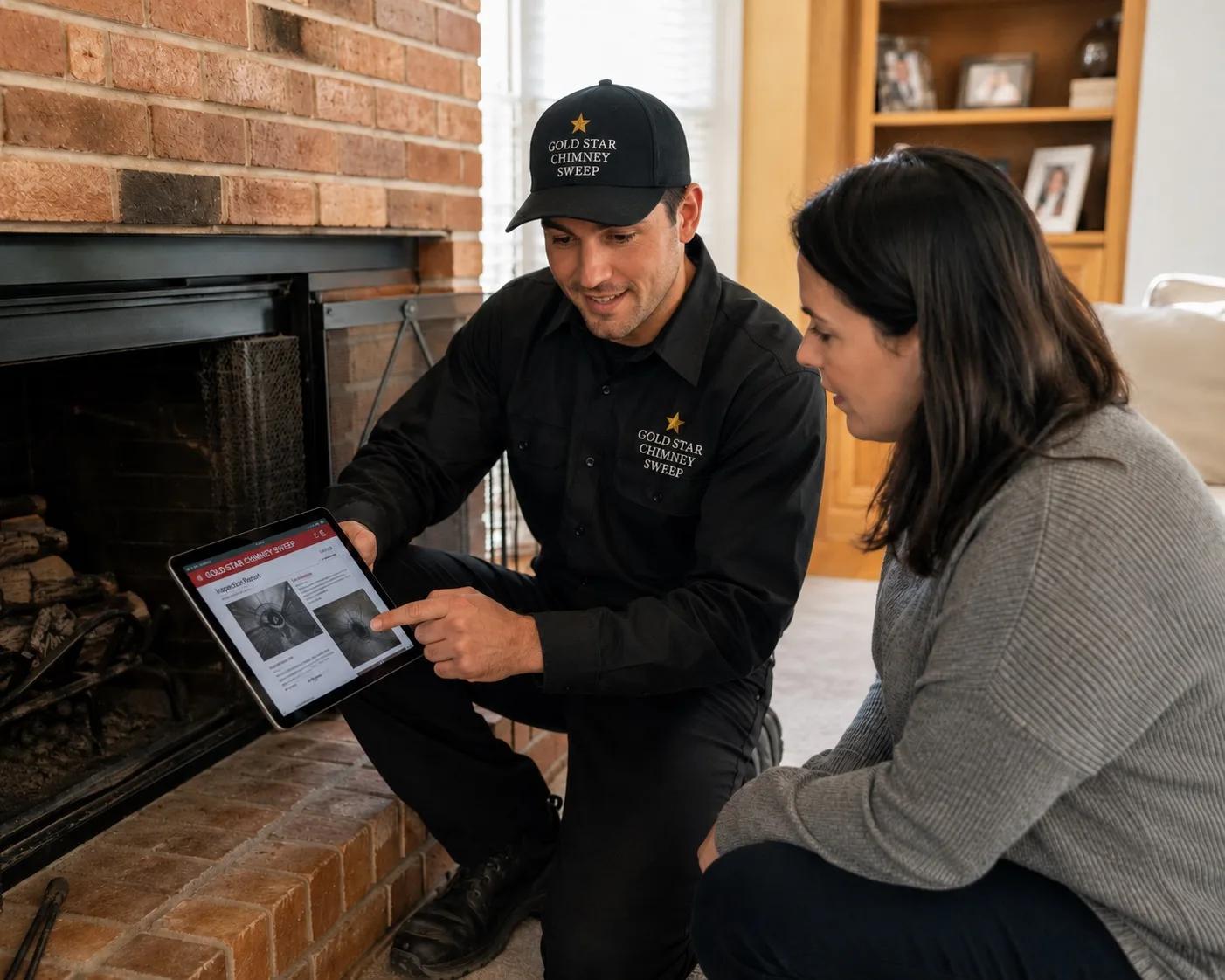 Chimney technician reviewing inspection findings with a homeowner at their fireplace