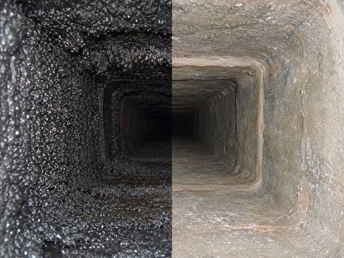 Comparison of a creosote coated flue wall and a swept clean flue