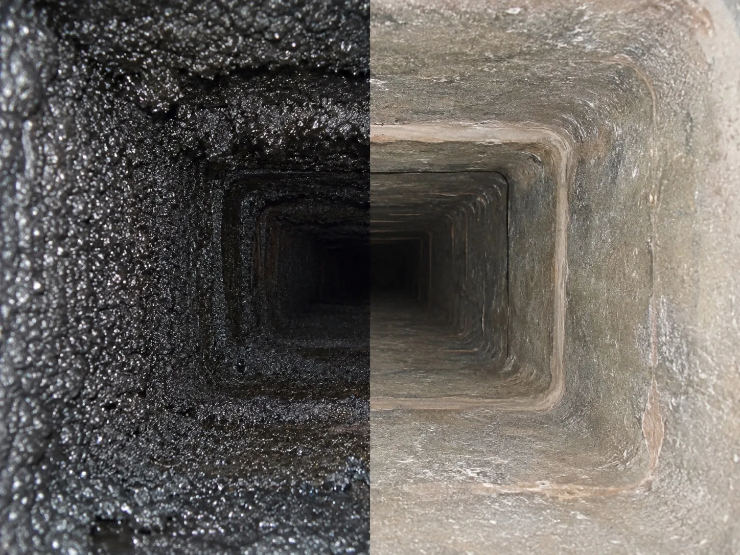 Comparison of a creosote coated flue wall and a swept clean flue