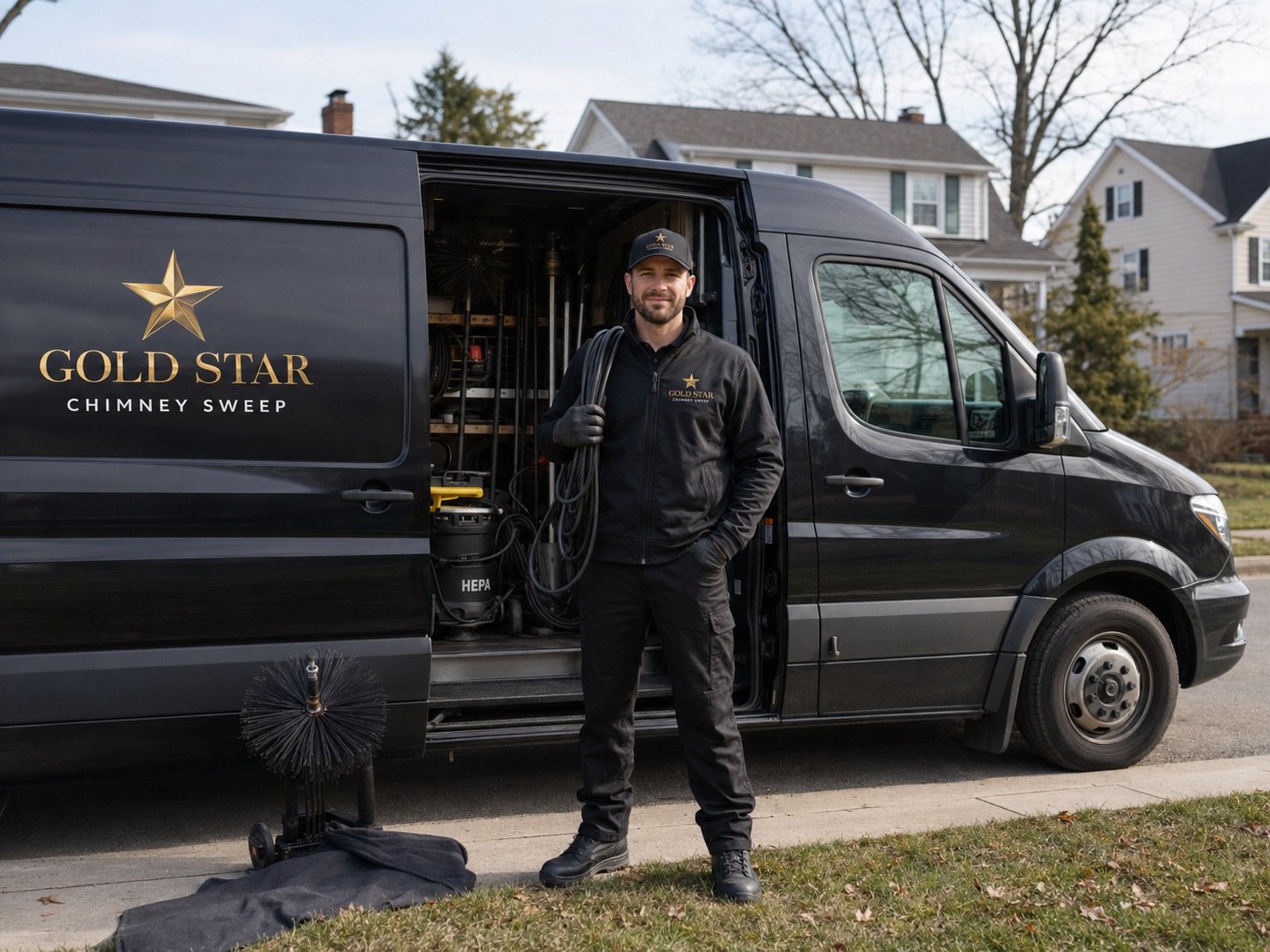 Gold star chimney sweep technician with service van and equipment