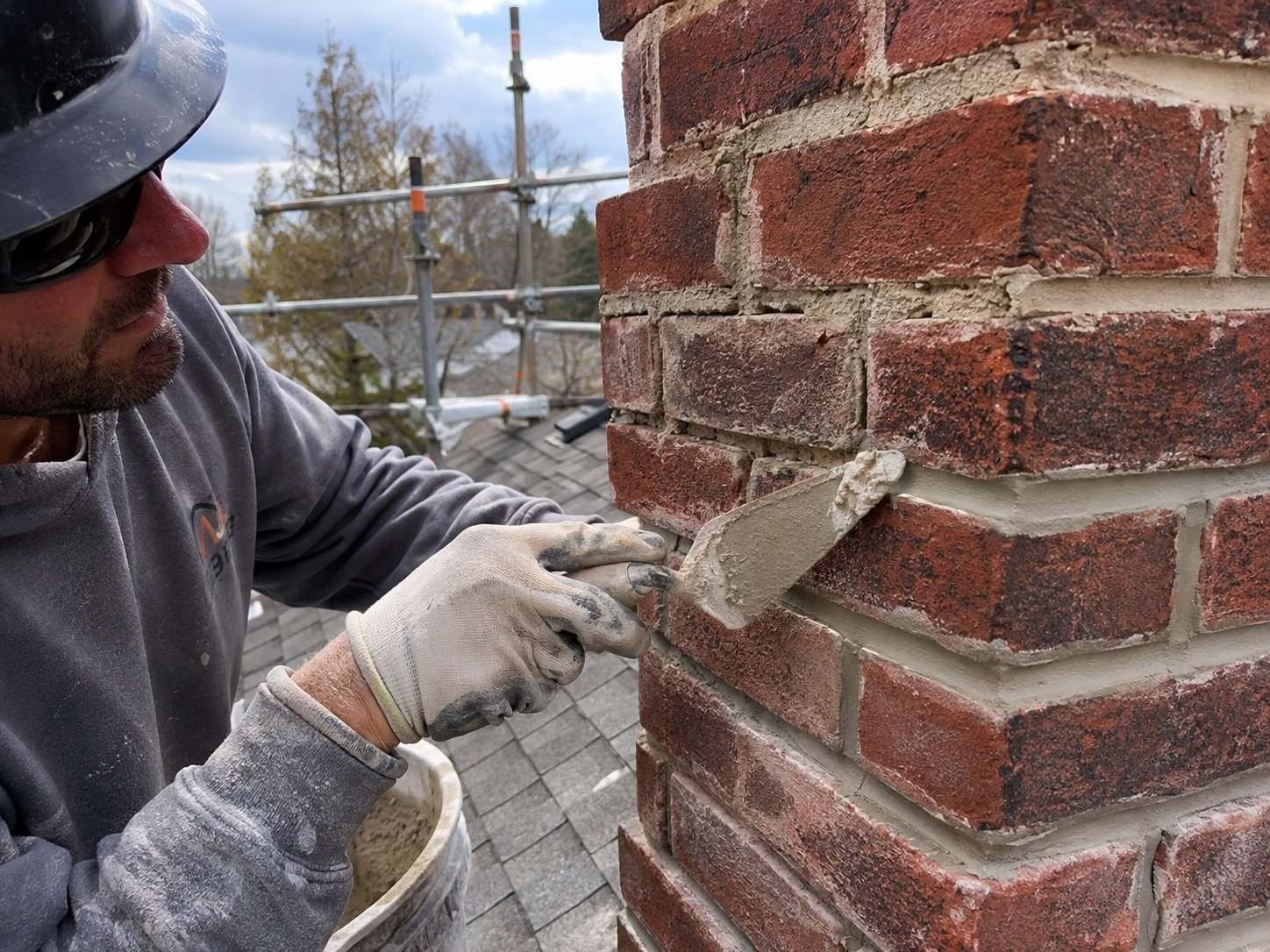 Mason applying fresh mortar to a chimney joint during tuckpointing