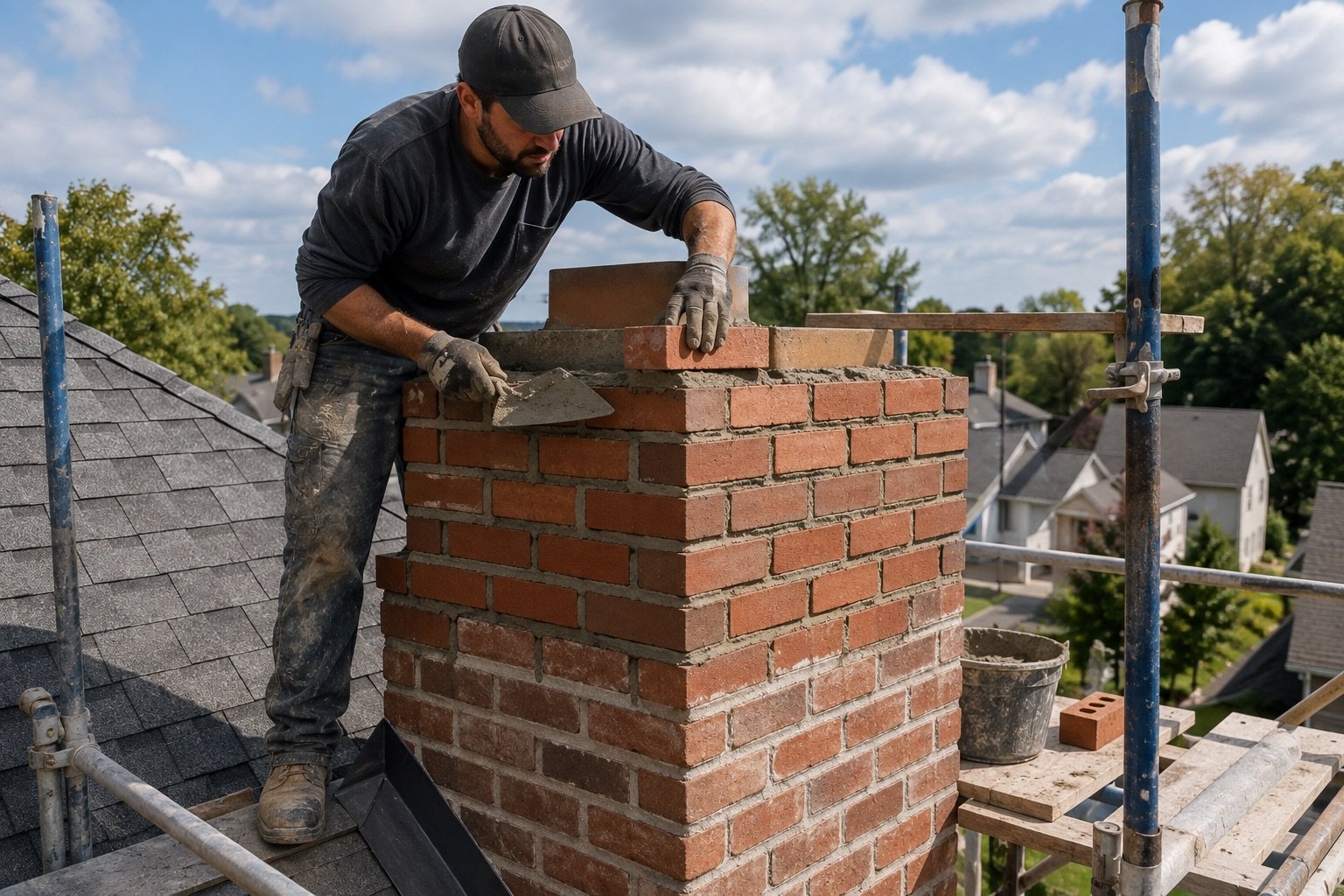 Mason building up a brick chimney extension on a roof