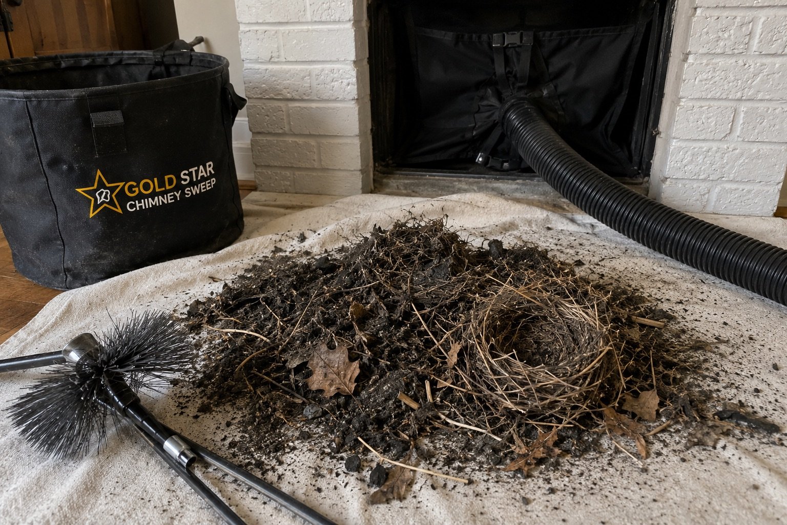 Nesting material and debris removed from a blocked chimney flue