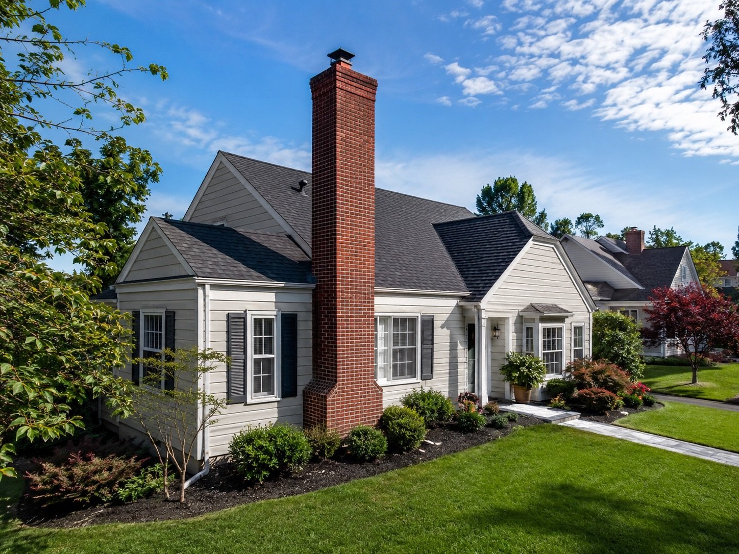 Residential home with a brick chimney against a clear sky