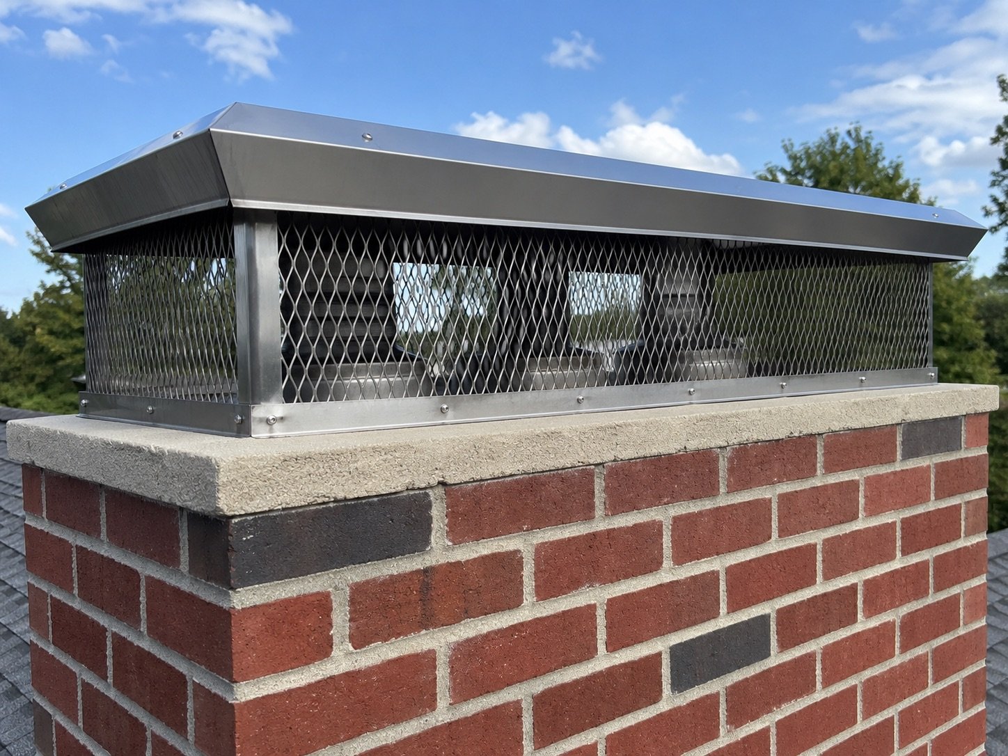 Stainless steel chimney cap installed on a brick chimney crown