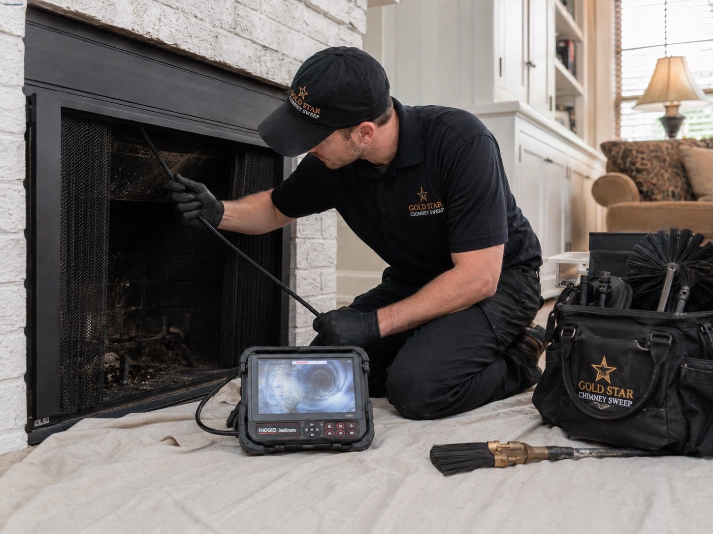 Technician running a video inspection camera up a chimney flue