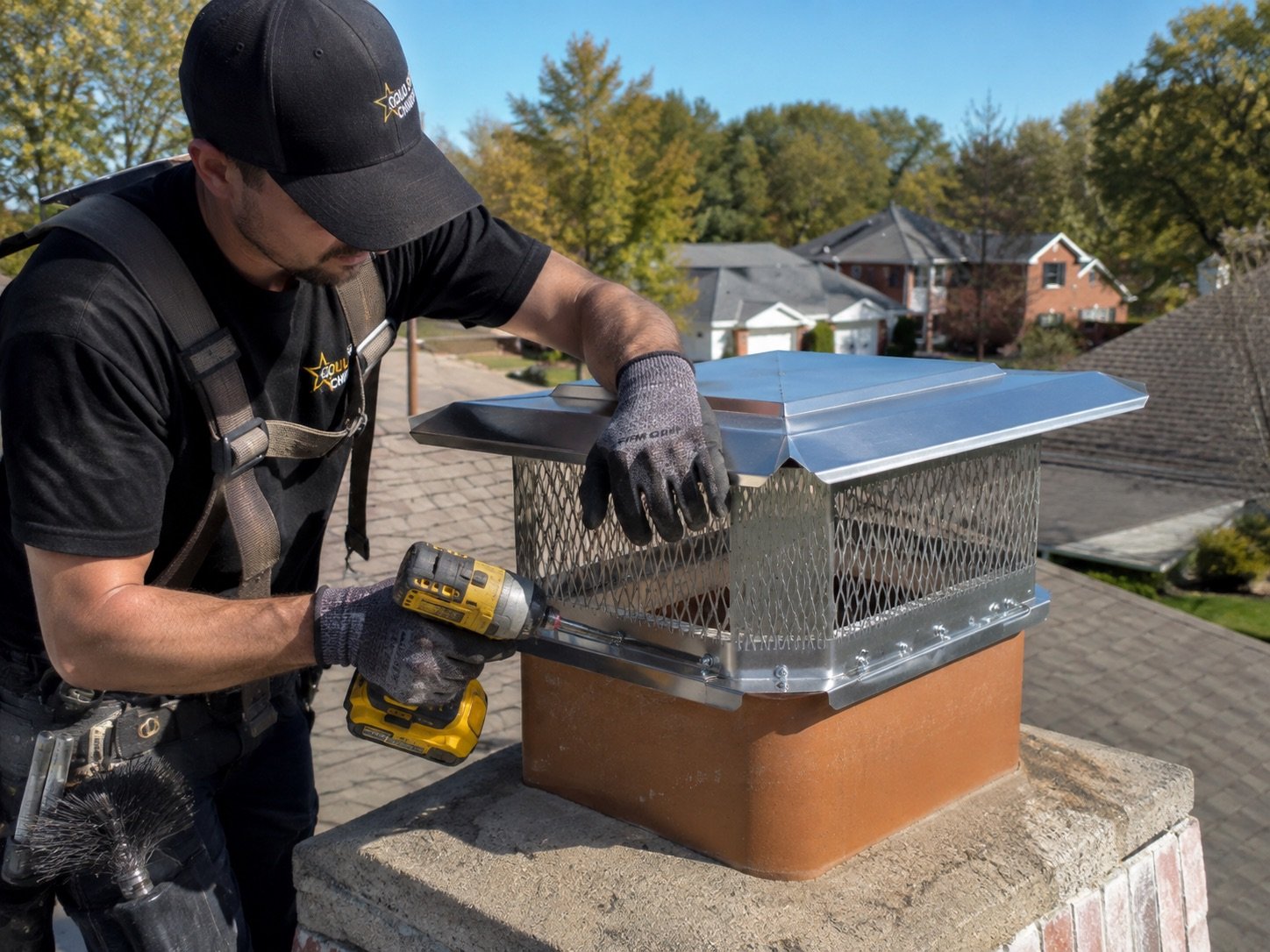 Technician securing a new chimney cap to a clay flue tile